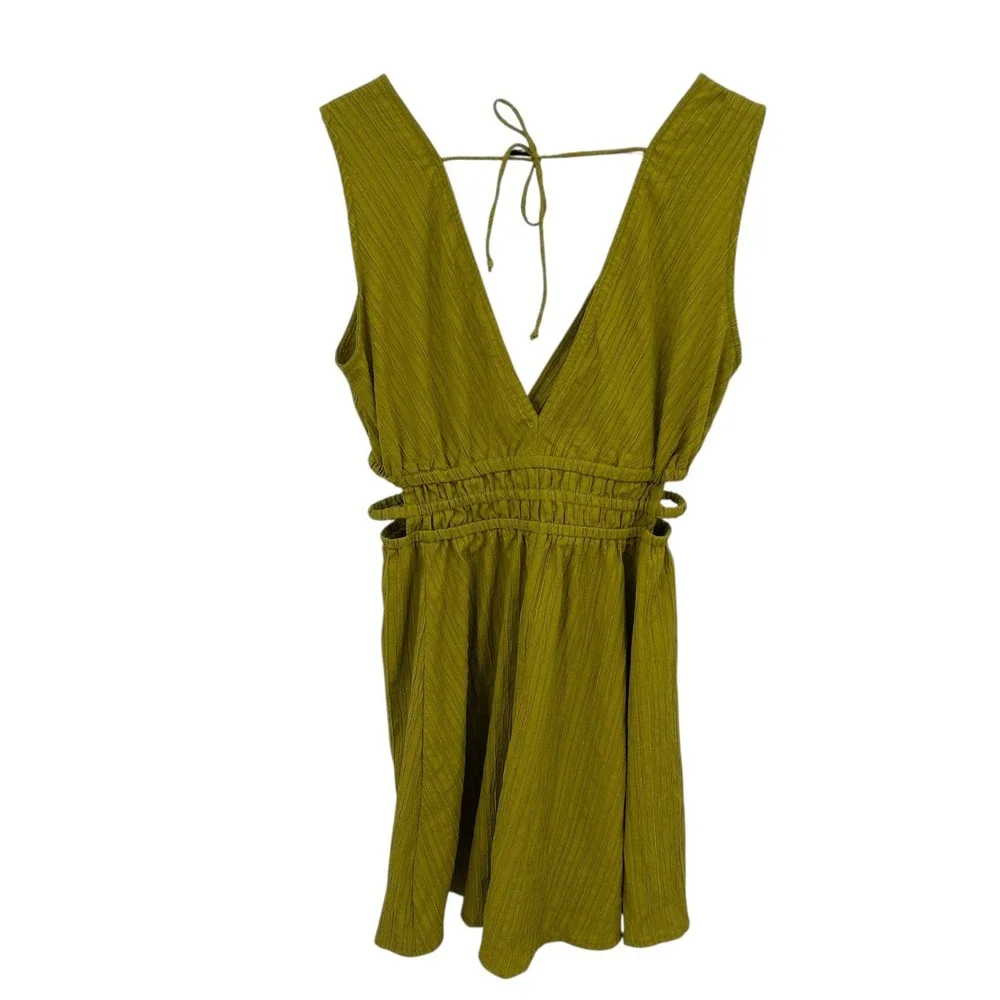 Boho Babydoll Dress XL Deep V Open Back Tie Smocked Waist green‎ Indie festival